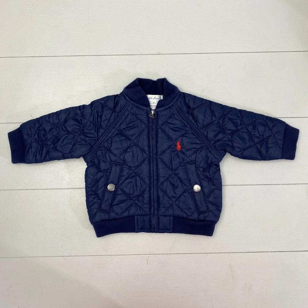 Ralph Lauren Quilted Bomber Jacket Baby Boy 3M Navy Blue Red Pony Zip Up Coat